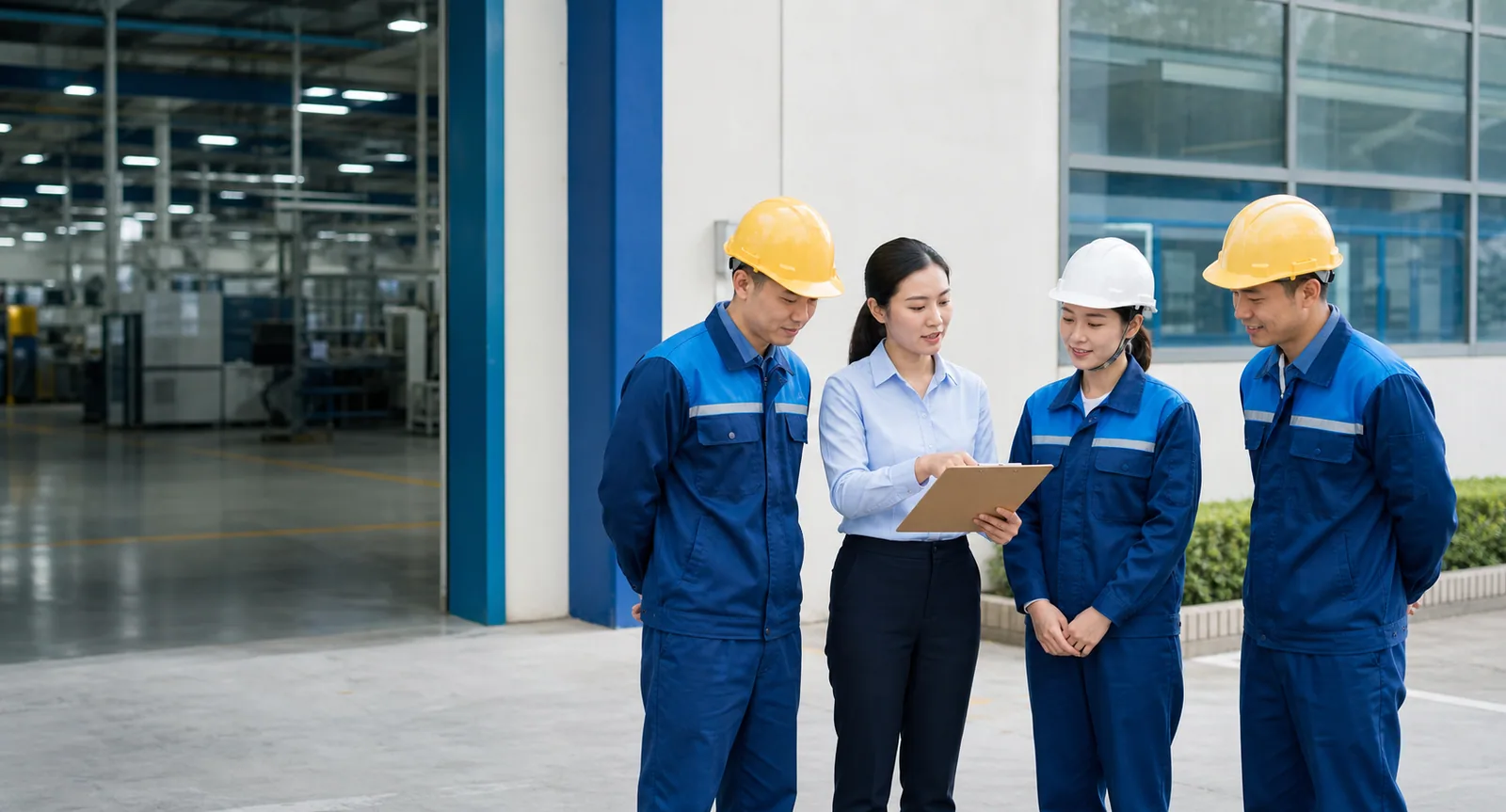 Minh họa đội ngũ lao động và cán bộ quản lý trao đổi công việc tại khu vực nhà máy