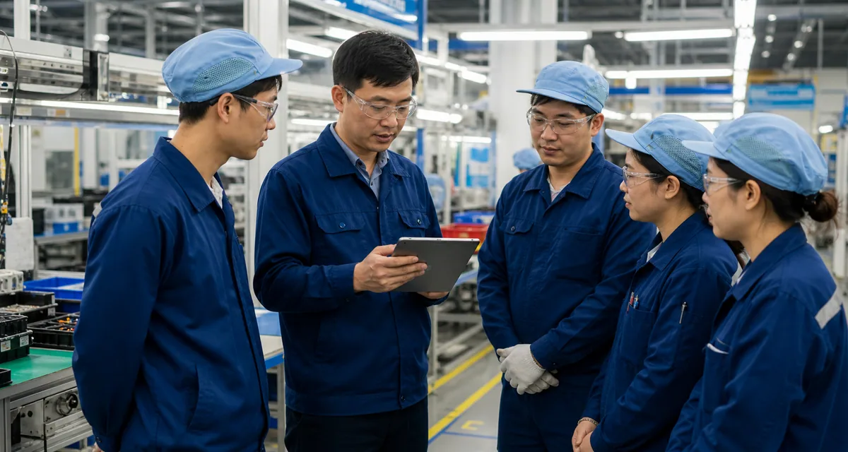 Minh họa hoạt động quản lý và phối hợp lao động tại khu vực nhà máy